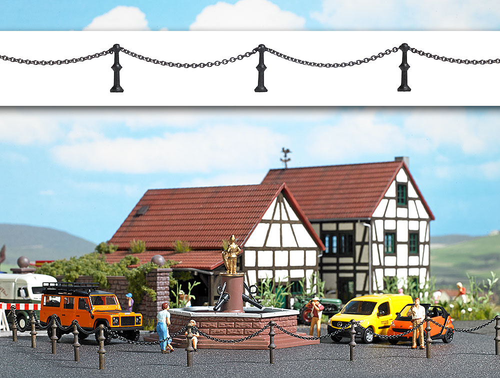 10 poteaux en métal pour clôture avec chaine‚ style ancien‚ notamment pour fermeture de partie de route