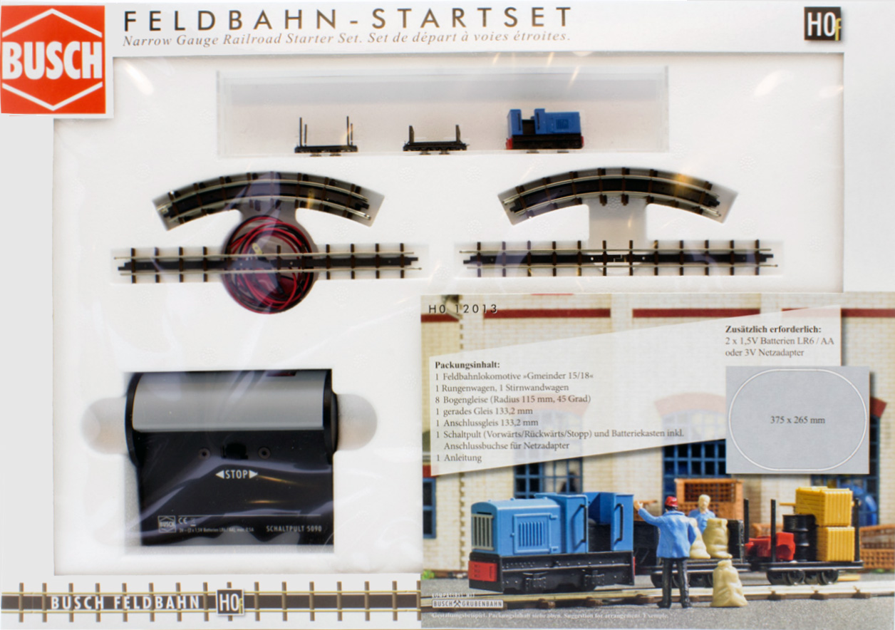 Coffret de départ économique H0f ”Feldbahn” 1 locotracteur‚ 2 wagonnets‚ 1 circuit de rails 375x265mm‚ boitier de commande avec batterie