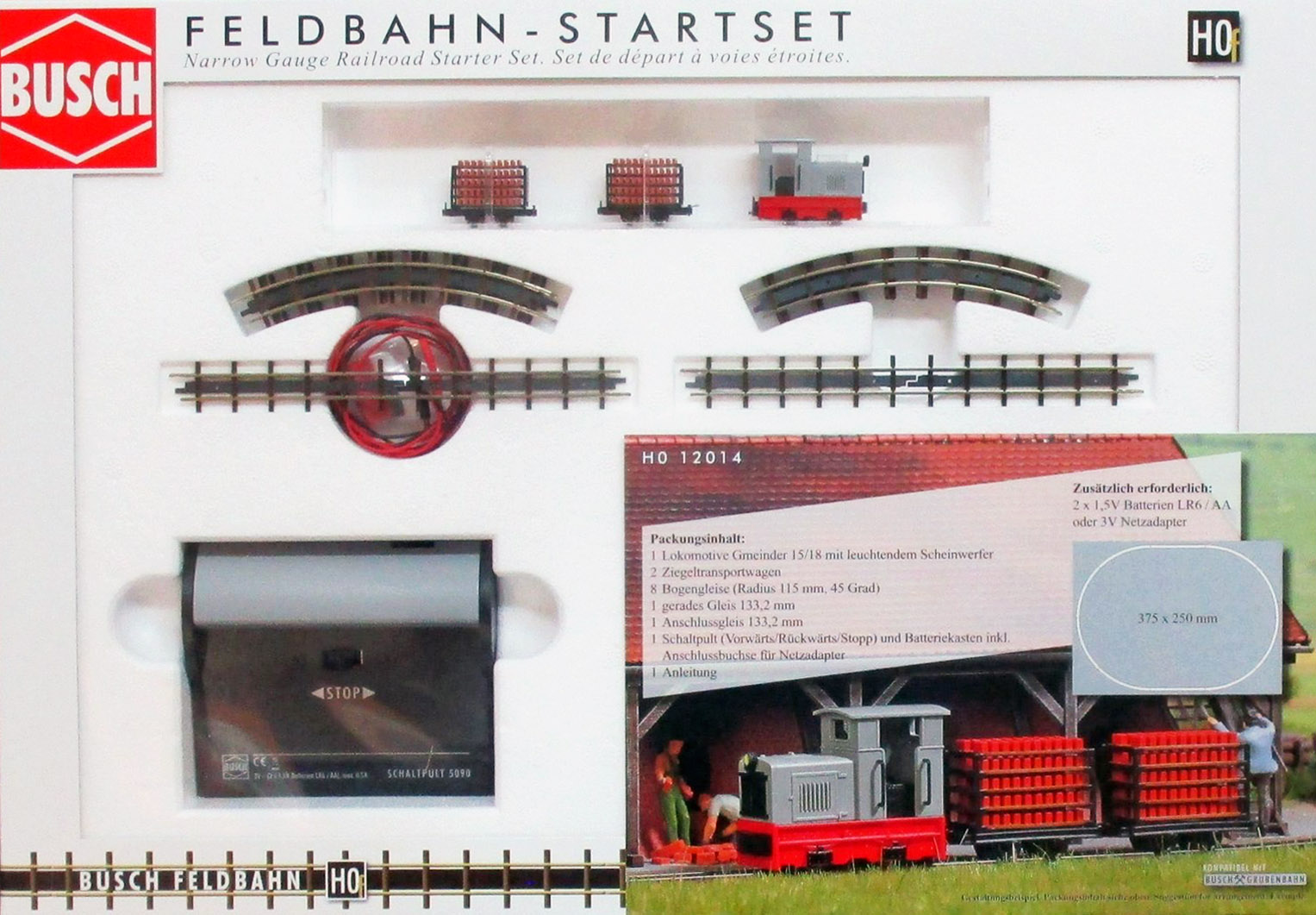 Coffret de départ H0f ”Feldbahn” 1 loco-tracteur couvert‚ 2 wagonnets chargés de briques‚ 1 circuit de rails 375x265mm‚ boitier de commande avec batterie