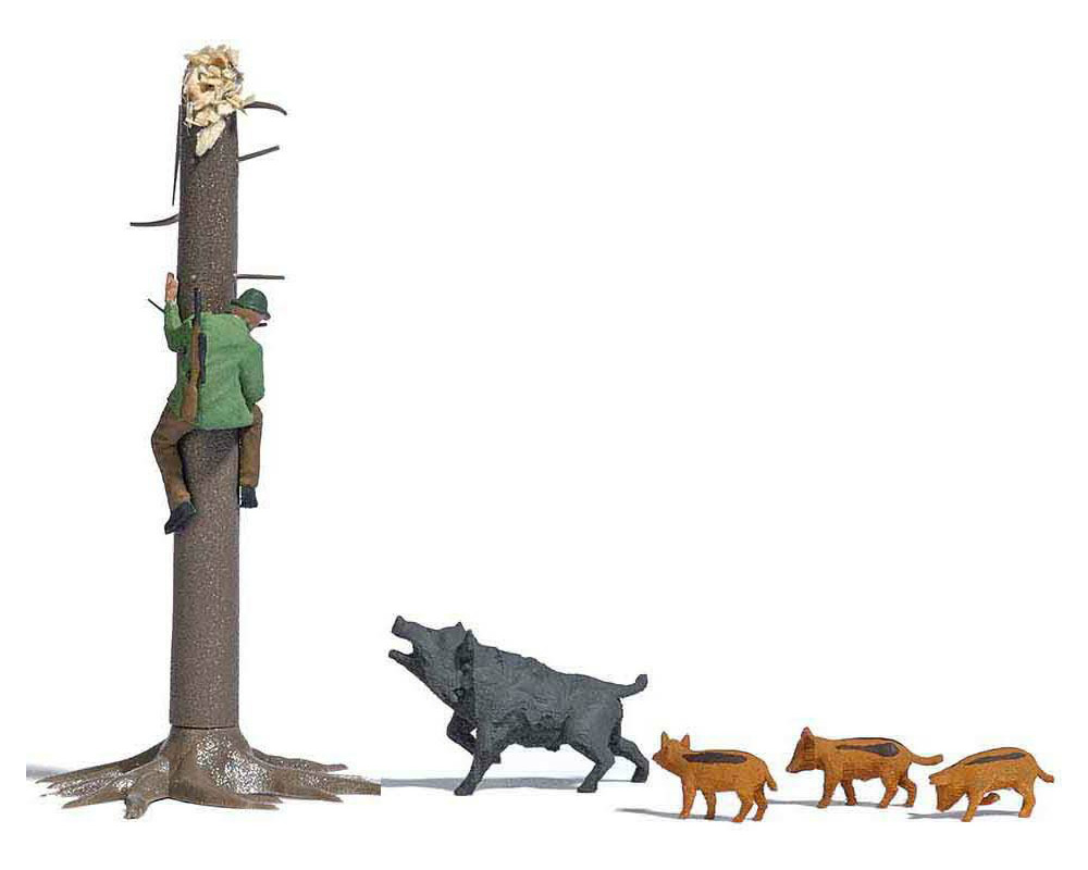 Sanglier et 3 marcassins + chasseur se réfugiant en grimpant à un arbre
