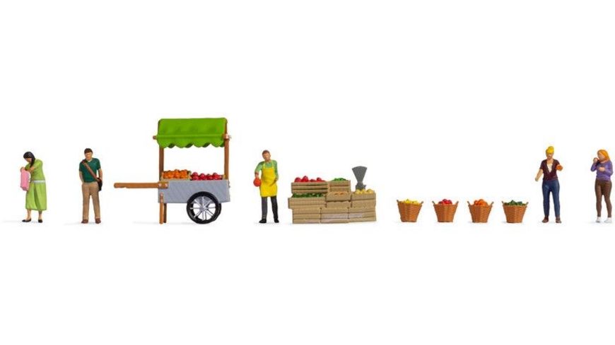 Stand de marché‚paniers et cageots de fruits‚ 5 figurines vendeurs et clients