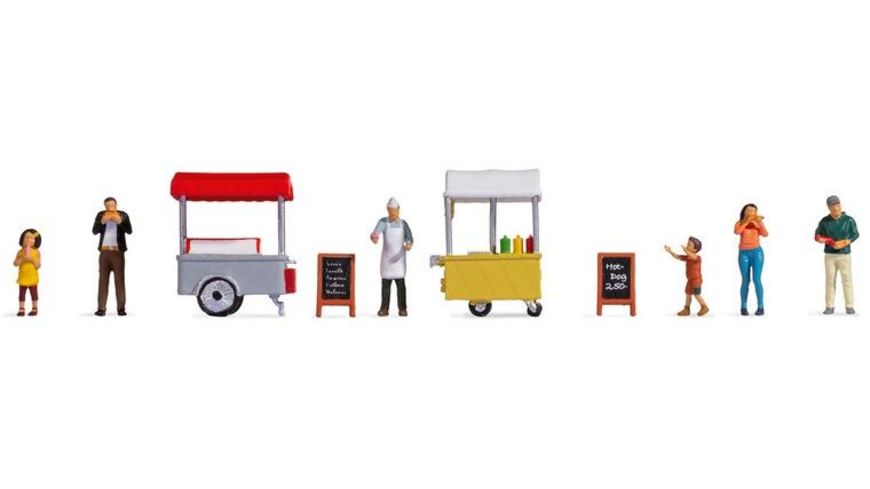 Chariot de glaces et chariot de hot-dogs‚ 6 fig. vendeurs et clients