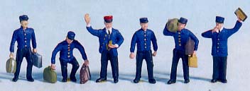 6 figurines‚ personnel de chemin de fer ‚ porteurs ‚ avec valises et sacs