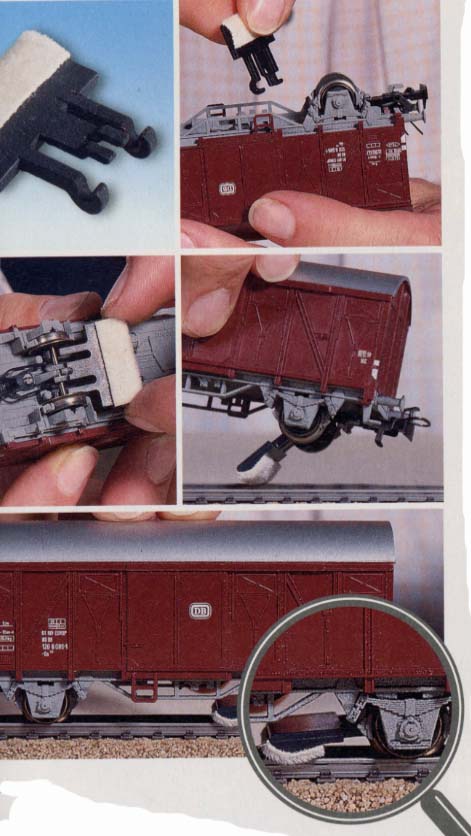 5 nettoyeurs de voies ( pour wagon US) à encliqueter sur un essieu ( diam 3mm) sous un wagon ou sous une voiture voyageur