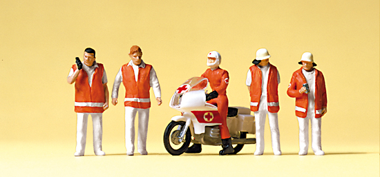 Equipe de secours (5 figurines) avec moto Croix Rouge
