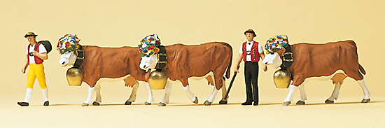 Retour de l’alpage ‚ 3 vaches décorées‚ avec cloche et 2 vachers