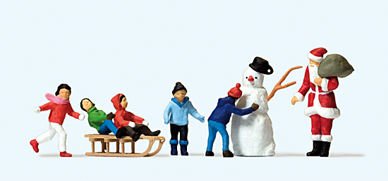 Père Noël‚ 5 enfants dont 2 avec luge‚ bonhomme de neige