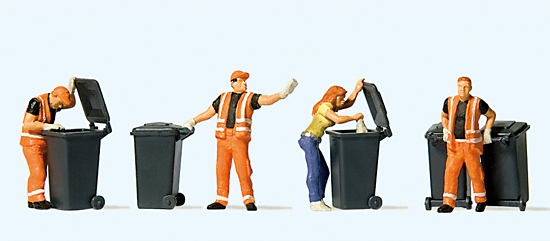 3 éboueurs au travail‚ 1 ménagère‚ 5 poubelles