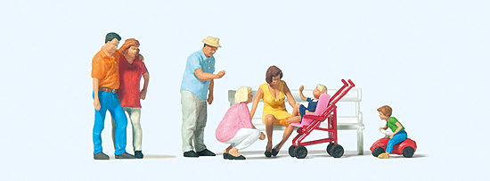 Famille en promenade 7 figurines poussette banc voiture denfant