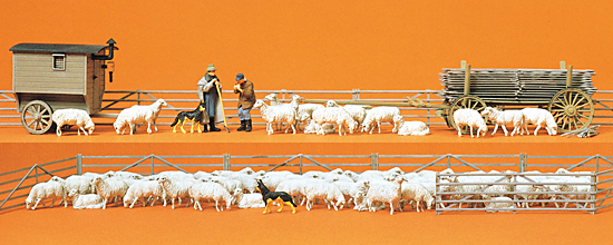 Bergerie avec charette‚ roulotte‚ 2 bergers‚ 2 chiens‚ enclos et environ 40 moutons