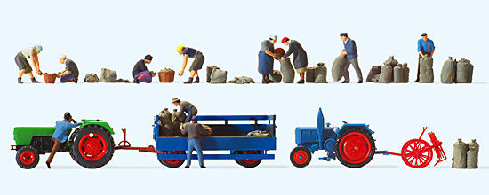 Le ramassage des pommes de terre 11 personnages sacs de patates tracteur Deutz avec remorque tracteur Lanz