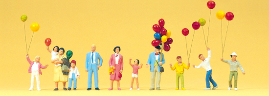 Vente de ballons10 figurines dont 6 avec ballons et 1 vendeurs avec nombreux ballons