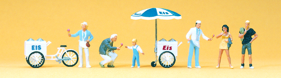 2 vendeurs de glace avec tricycles‚ parasols‚ et 4 clients avec glaces