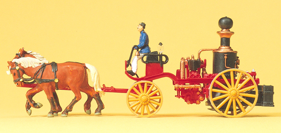 Voiture de pompier à vapeur tirée par 2 chevaux + cocher. Années 1900