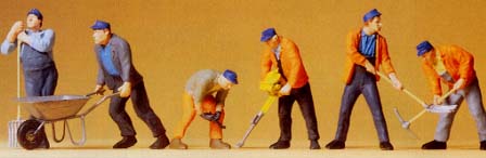 6 ouvriers avec brouette‚ pic‚ pelle‚ fourche‚ marteau piqueur‚ clé à fourche