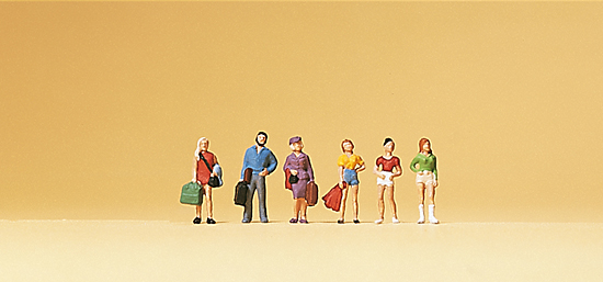 Jeunes gens‚ voyageurs (6 personnages) avec valises‚ sacs‚ etc